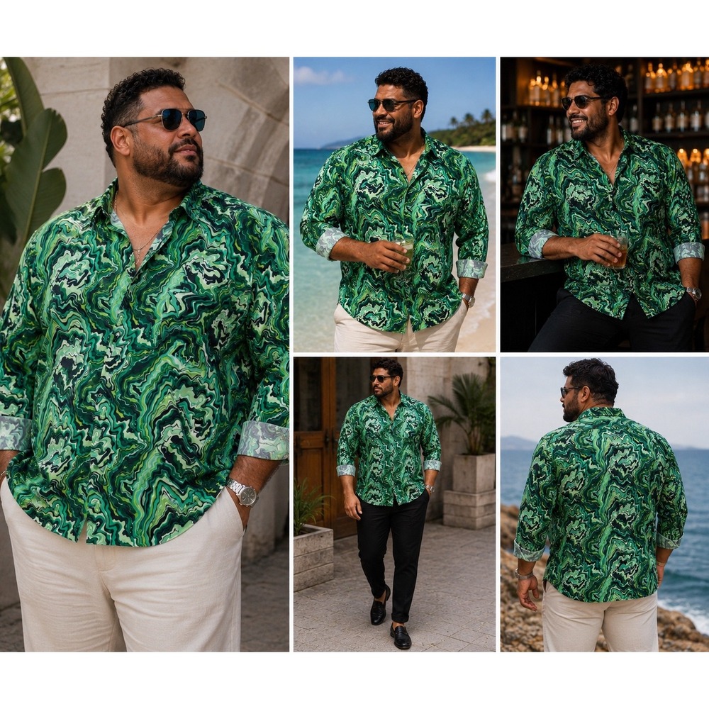 French Crown Mens Green Psychedelic Marble Swirl Button Down Shirt Size 52 5XL